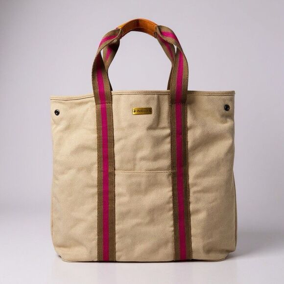 Eddie Bauer Tote Bag Beige With Pink Straps Logo Tons Of Pockets Preppy Coastal - Picture 1 of 13
